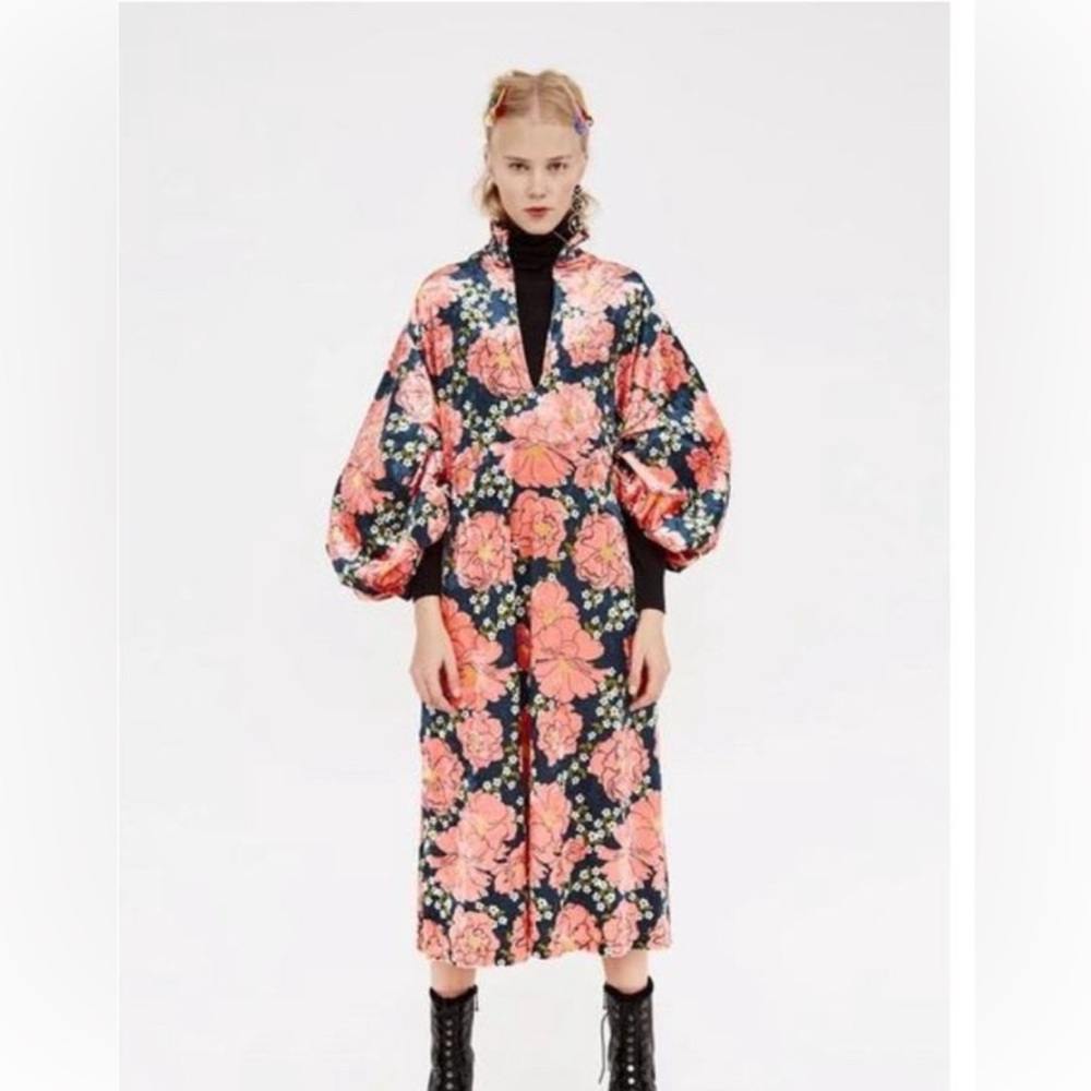 ZARA Floral Velvet Puff Sleeve Kaftan Midi Dress